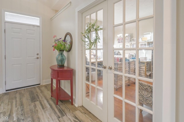 doorway to outside featuring a wealth of natural light, wood finished floors, and french doors