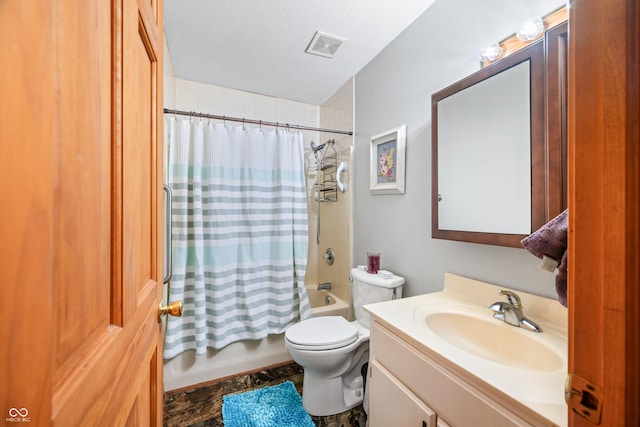 bathroom with toilet, vanity, visible vents, and shower / bathtub combination with curtain