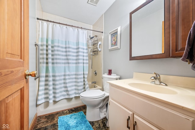 bathroom featuring toilet, visible vents, shower / bath combination with curtain, and vanity