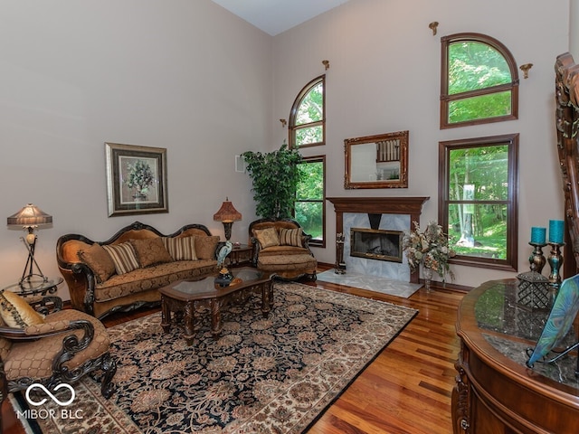 living room with a healthy amount of sunlight, a fireplace, a towering ceiling, and wood finished floors