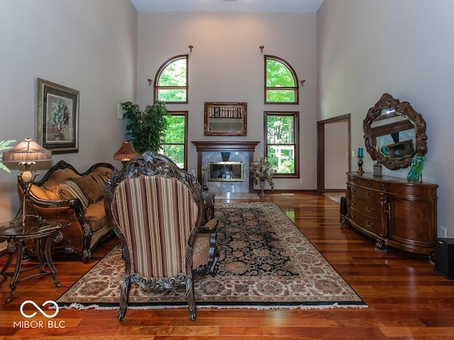 living room featuring dark wood-type flooring, plenty of natural light, a towering ceiling, and a high end fireplace