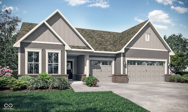 craftsman house featuring brick siding, a shingled roof, concrete driveway, board and batten siding, and a garage