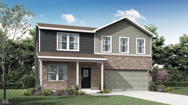 view of front of property featuring driveway, a front yard, and brick siding