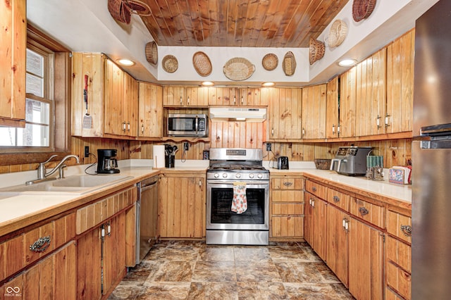 kitchen featuring a raised ceiling, stainless steel appliances, wooden ceiling, and sink