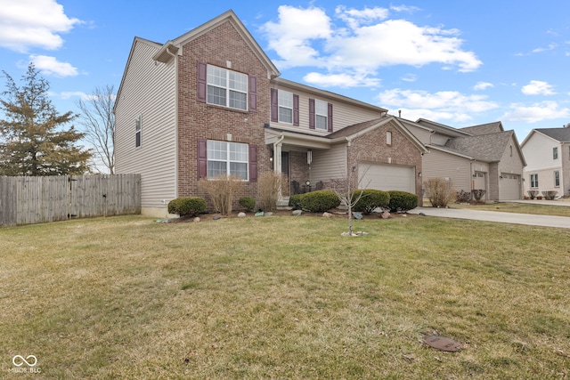 traditional home with a garage, a front yard, brick siding, and fence