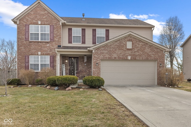 traditional-style home with brick siding, roof with shingles, an attached garage, driveway, and a front lawn