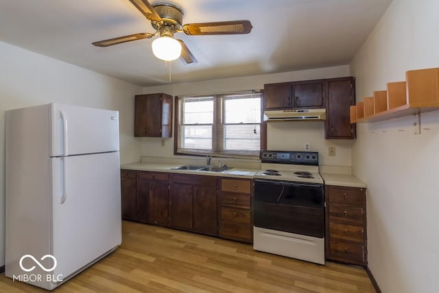 kitchen featuring under cabinet range hood, light countertops, electric stove, and freestanding refrigerator