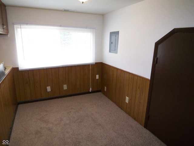 spare room featuring light carpet, wainscoting, electric panel, and wooden walls