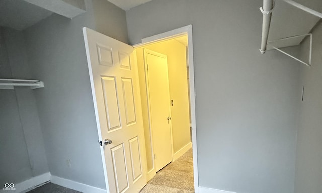 walk in closet with light colored carpet