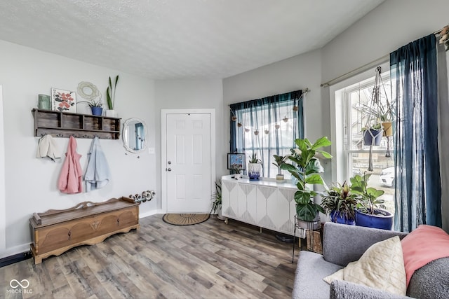 entryway with a textured ceiling, wood finished floors, and baseboards