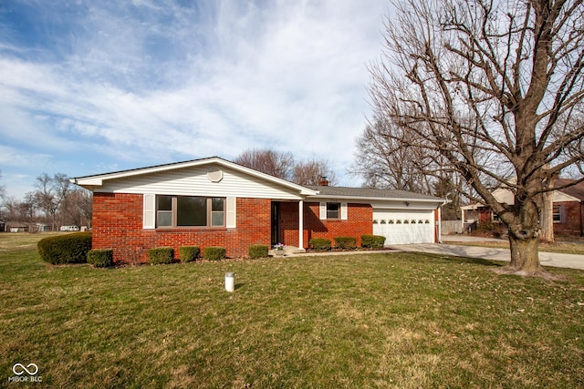 single story home with brick siding, an attached garage, driveway, and a front yard