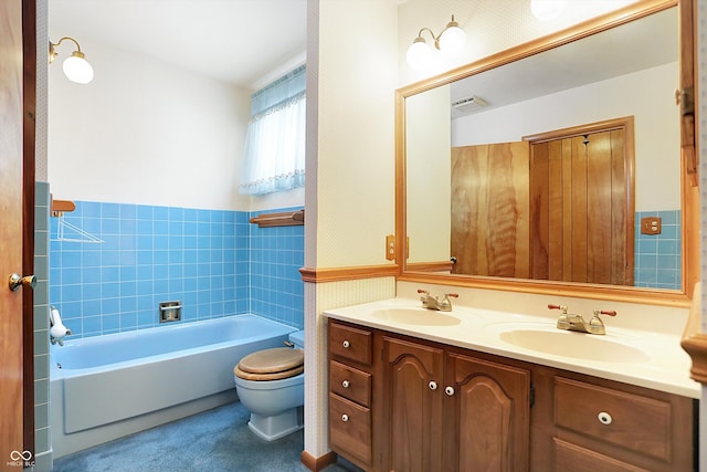 full bath with double vanity, visible vents, toilet, and a sink