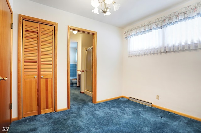 unfurnished bedroom featuring a chandelier, visible vents, baseboards, a closet, and dark colored carpet