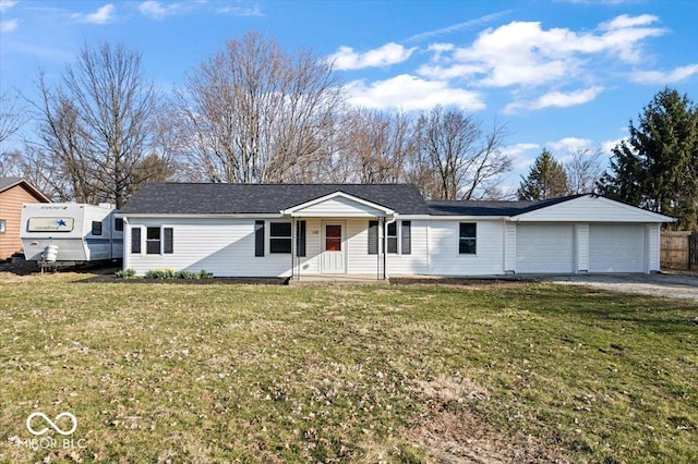 ranch-style home with a porch, a front yard, and a shingled roof