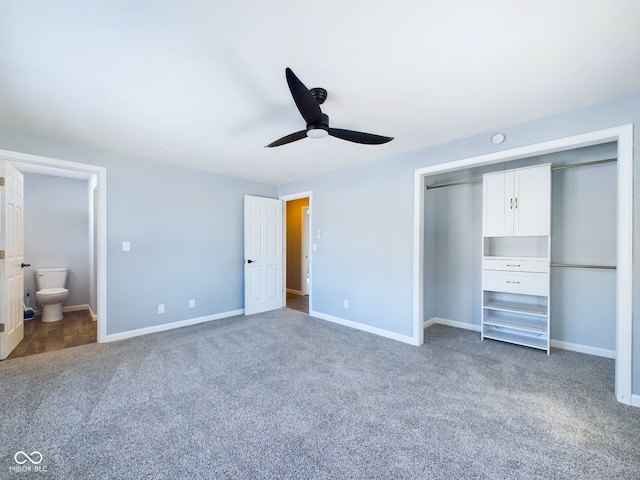 unfurnished bedroom featuring carpet floors, a closet, ceiling fan, and baseboards