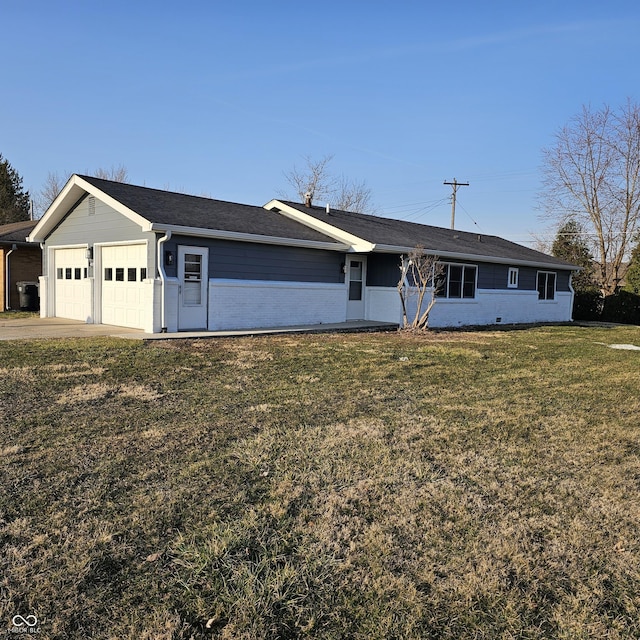 single story home featuring a garage, brick siding, and a front lawn