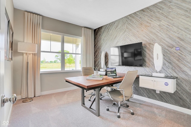 2134 Boxwood Dr, Greenfield, IN 46140 - home office with light carpet, an accent wall, and baseboards