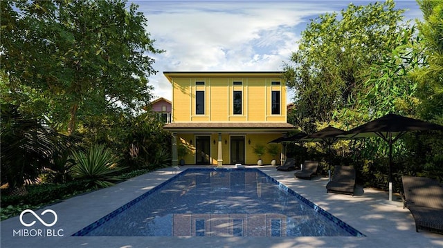 exterior space featuring a patio and an outdoor pool