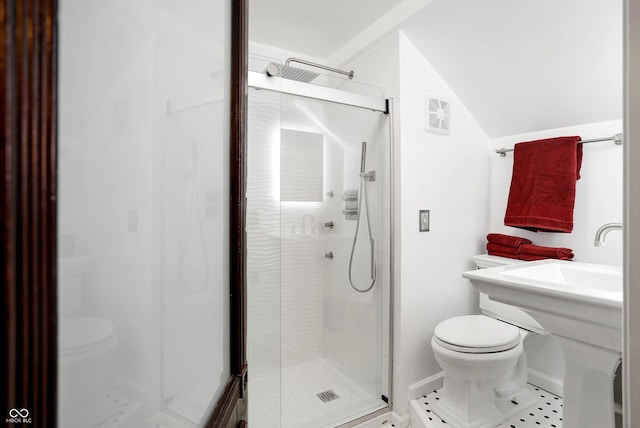 bathroom featuring lofted ceiling, a stall shower, and toilet