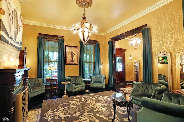 living area with ornamental molding, wallpapered walls, and an inviting chandelier