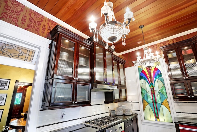 kitchen with wooden ceiling, under cabinet range hood, hanging light fixtures, dark brown cabinets, and an inviting chandelier