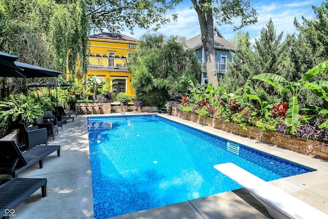 pool with a patio area and a diving board