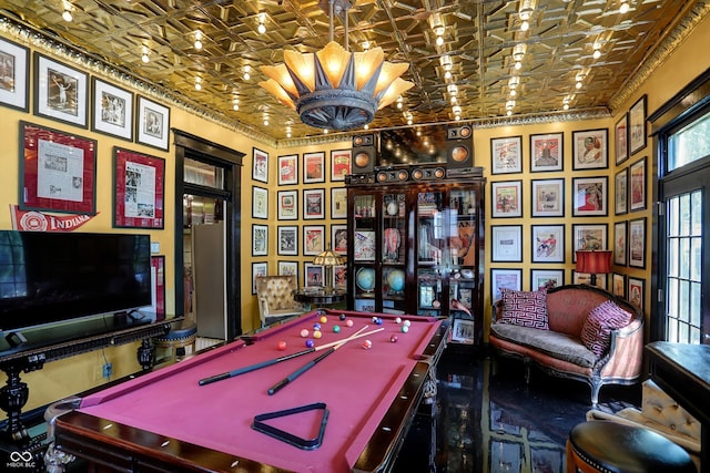 playroom with an ornate ceiling, billiards, and ornamental molding