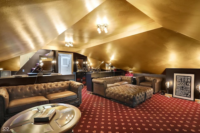 home theater room with carpet floors and lofted ceiling