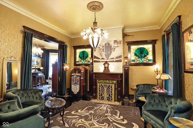 sitting room featuring ornamental molding, a notable chandelier, and wallpapered walls