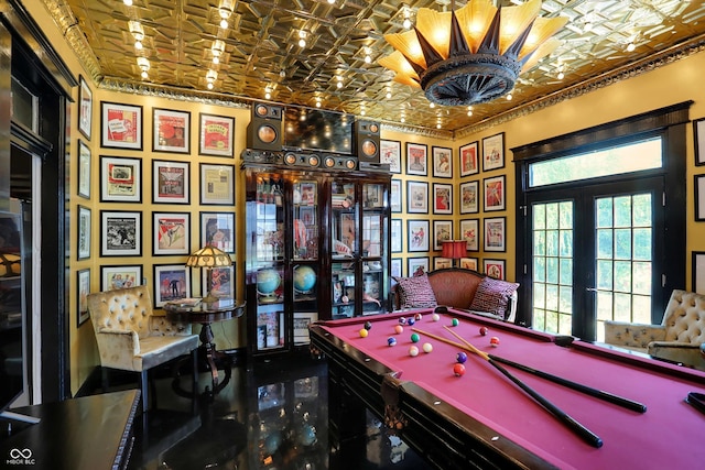 playroom featuring pool table, french doors, an ornate ceiling, and crown molding