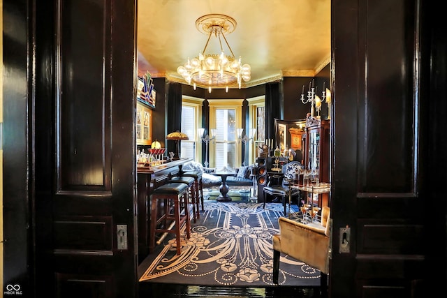 home office featuring an inviting chandelier