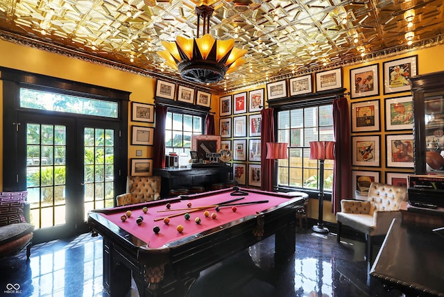 game room with marble finish floor, pool table, an ornate ceiling, and crown molding