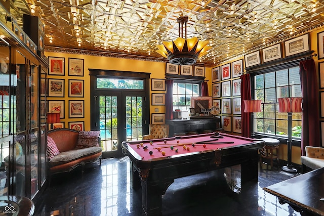 rec room featuring an ornate ceiling, french doors, pool table, and ornamental molding