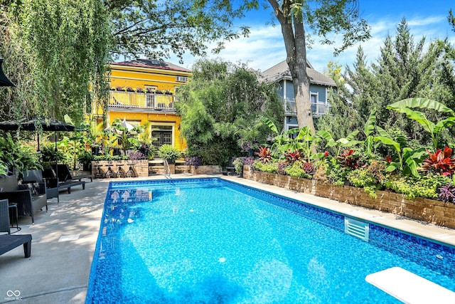 pool featuring a diving board and a patio