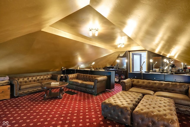 carpeted cinema room with lofted ceiling