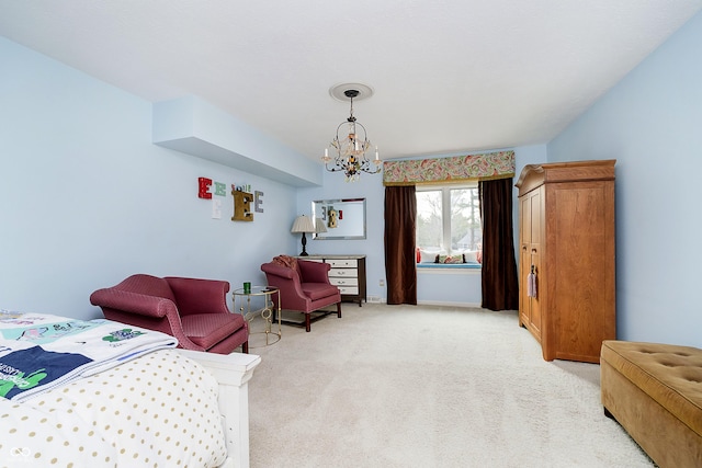 bedroom with light carpet, a chandelier, and baseboards