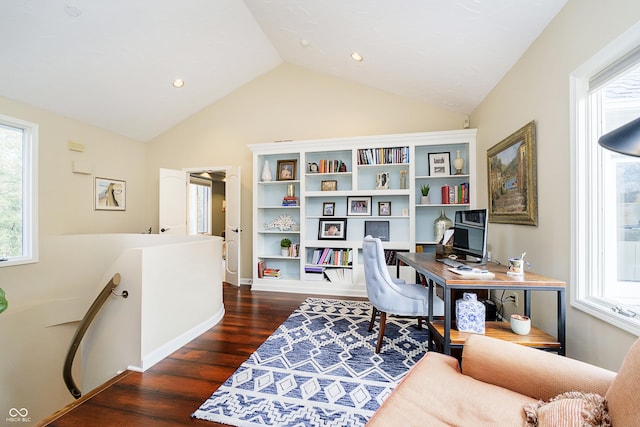 office featuring lofted ceiling, dark wood-style flooring, and recessed lighting