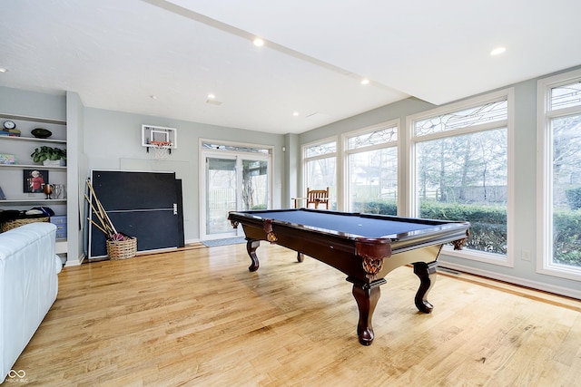 game room featuring light wood-type flooring, billiards, baseboards, and recessed lighting