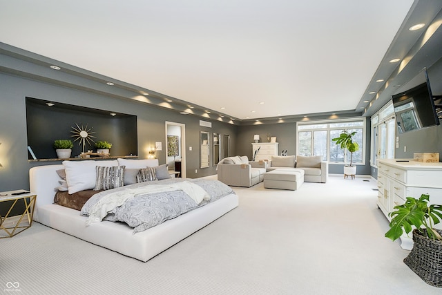 bedroom featuring recessed lighting and light colored carpet