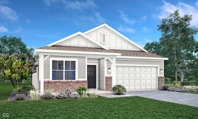 view of front facade featuring brick siding, board and batten siding, a front yard, a garage, and driveway