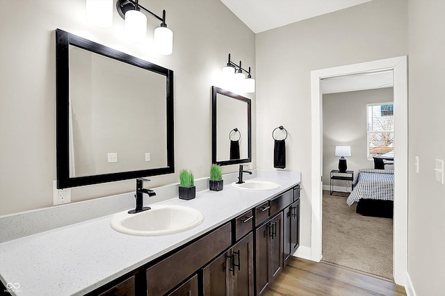 bathroom featuring wood finished floors, a sink, baseboards, and double vanity