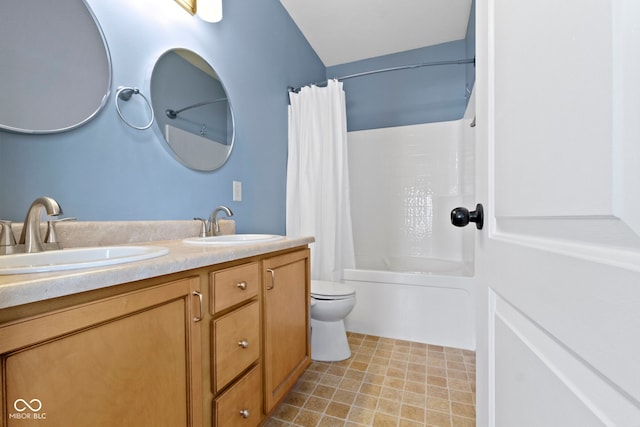 bathroom with shower / bath combination with curtain, a sink, toilet, and double vanity