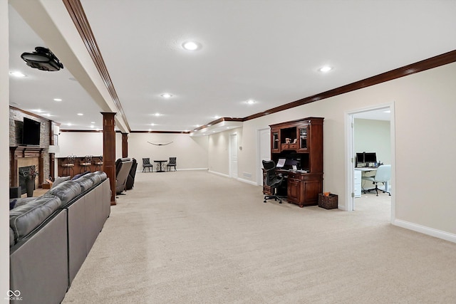 2110 Cheviot Ct, Greenwood, IN 46143 - living room with crown molding, baseboards, light colored carpet, a desk, and recessed lighting