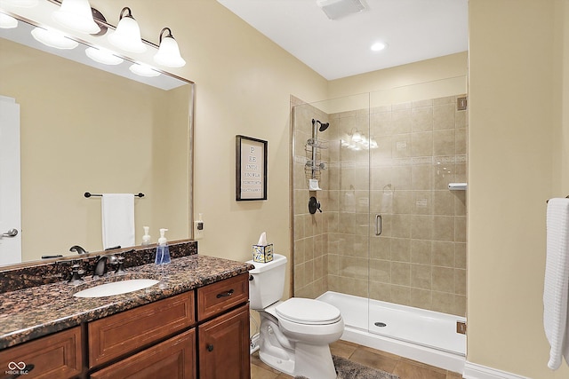 2110 Cheviot Ct, Greenwood, IN 46143 - bathroom featuring a shower stall, vanity, toilet, and tile patterned floors