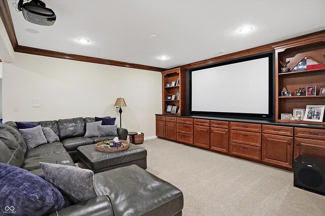 2110 Cheviot Ct, Greenwood, IN 46143 - cinema featuring crown molding, light colored carpet, recessed lighting, built in shelves, and baseboards