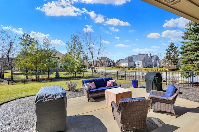 2110 Cheviot Ct, Greenwood, IN 46143 - view of patio / terrace with an outdoor living space, a grill, and a residential view