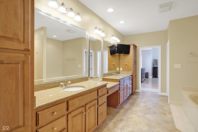 2110 Cheviot Ct, Greenwood, IN 46143 - full bathroom with vanity, a bath, baseboards, and tile patterned floors