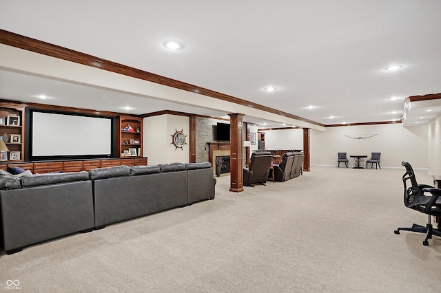 2110 Cheviot Ct, Greenwood, IN 46143 - cinema with crown molding, ornate columns, carpet flooring, recessed lighting, and baseboards