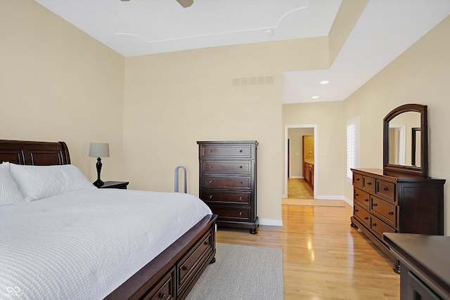 2110 Cheviot Ct, Greenwood, IN 46143 - bedroom with light wood-type flooring, baseboards, recessed lighting, and ceiling fan