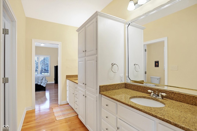 2110 Cheviot Ct, Greenwood, IN 46143 - full bath with wood finished floors, vanity, toilet, connected bathroom, and baseboards